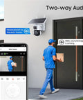 Solar Powered Security Camera With 360 Degree View And 3MP FHD Clarity, 15000mAh Battery, shown monitoring a delivery man