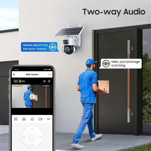 Solar Powered Security Camera With 360 Degree View And 3MP FHD Clarity, 15000mAh Battery, shown monitoring a delivery man