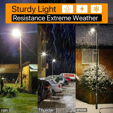 3 Pack 150W LED Shoebox Parking Lot Lights with 22500 Lumens 5000K Dusk Till Dawn Easy Install Slip Fitter Outdoor IP65 displayed in rain, thunder, and snow.