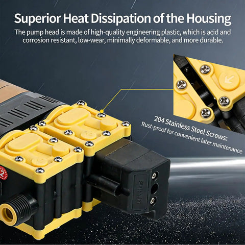 Close-up of 12V High Pressure Dual Core Pump with 130 PSI and 8 Liters Per Minute Flow, highlighting stainless steel screws and housing.