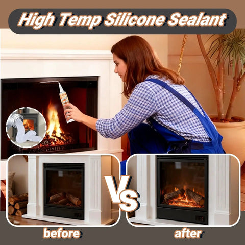 Person applying Heavy Duty High Heat Silicone Sealant Set 100ml Clear Heat Resistant Glue Ultra Durable Waterproof to fireplace edge.
