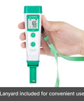 AI209 Value Series PH20 Waterproof pH Tester Kit With Auto Calibration And Buffer Recognition held with lanyard.