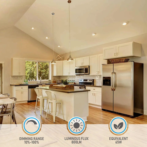 Modern kitchen with 6 Inch Gimbal LED Recessed Light With Junction Box Kit 13.5W IC Rated Air Tight No Fuss Downlight 3000K.