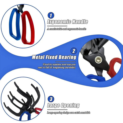 3 Claw Fish Gripper With Metal Pliers featuring ergonomic handle, metal fixed bearing, large opening details