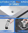 Two-pack pop-up sink drain strainers with removable stainless steel mesh basket; front and installation views.