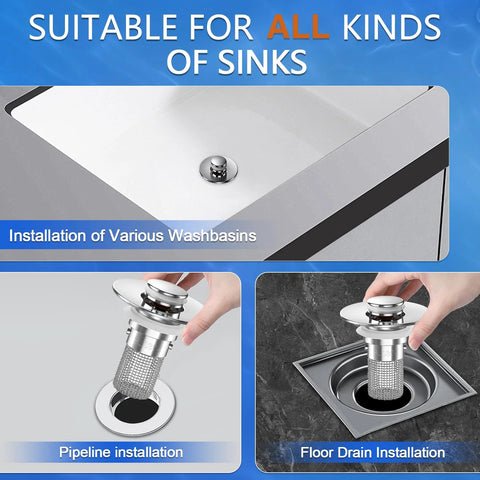 Two-pack pop-up sink drain strainers with removable stainless steel mesh basket; front and installation views.