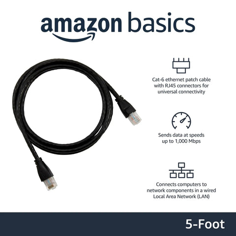 Cat 6 Ethernet Patch Cable 5 Ft With RJ45 Gold Plated Connectors 1 Gbps Fast Network Cable For PC TV Router Printer And More Universal Connectivity Black