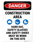 Construction Zone Danger Sign Requiring Hard Hats, Safety Glasses, And Safety Shoes For Job Sites, 10x14 Inches, 55 Mil Thick HDPS Material, Lightweight Yet Durable, Made In USA on white background.