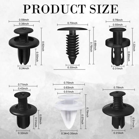Diagram showing sizes of various clips from 100 Piece Lower Hood Clip And Bumper Clip Replacement Set With Push Pin Fasteners.