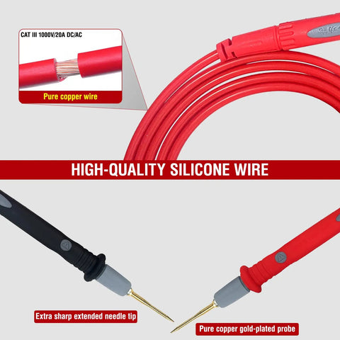 Long Silicone Multimeter Test Leads Kit with copper wires and sharp probes, 1000V 20A safety features visible