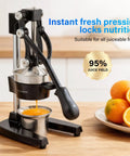 Heavy Duty Manual Citrus Juicer Press For Home Or Commercial Grade Kitchens Durable Cast Iron And Stainless Steel Hand Press Orange Lemon Squeezer Countertop Juicer Extractor Easy To Clean Black in use with fresh orange juice