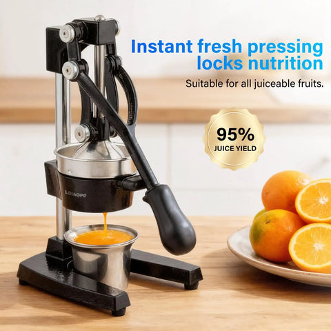 Heavy Duty Manual Citrus Juicer Press For Home Or Commercial Grade Kitchens Durable Cast Iron And Stainless Steel Hand Press Orange Lemon Squeezer Countertop Juicer Extractor Easy To Clean Black in use with fresh orange juice