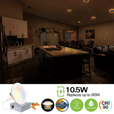 Dope 4 Inch LED Recessed Ceiling Light With Night Light in modern kitchen setting, highlighting dimmable feature.