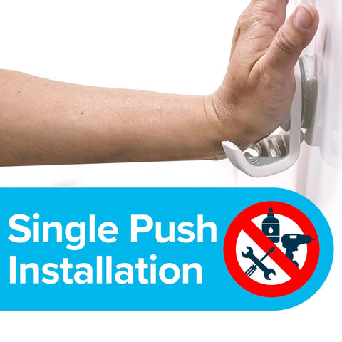 Power Lock Suction Cup Hook for shower installation with hand applying pressure, no tools needed, 11 lb capacity, easy setup.