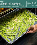 Heavy Duty Aluminum Half Sheet Pan With Stainless Steel Cooling Rack Set, 13x18 Inches, in oven with green beans, up to 500°F