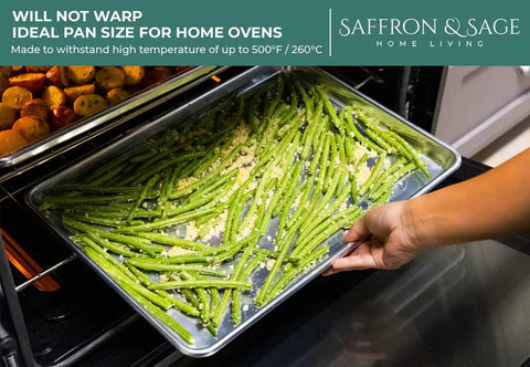 Heavy Duty Aluminum Half Sheet Pan With Stainless Steel Cooling Rack Set, 13x18 Inches, in oven with green beans, up to 500°F