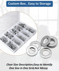Flat washers set in a clear storage box; 304 stainless steel, silver finish, 100 pieces.