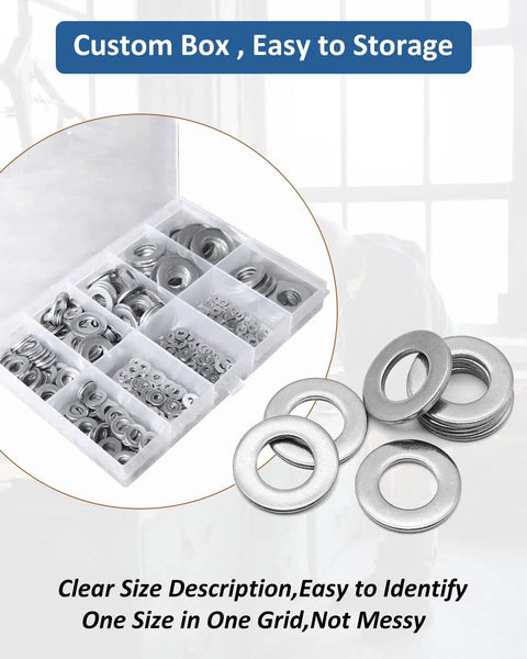 Flat washers set in a clear storage box; 304 stainless steel, silver finish, 100 pieces.