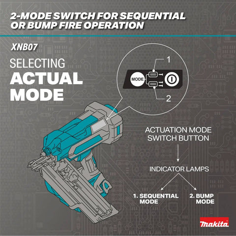 Diagram showing switch for 18V LXT Cordless Framing Nailer With Thirty Degree Clipped Head Drive, including sequential and bump fire modes.