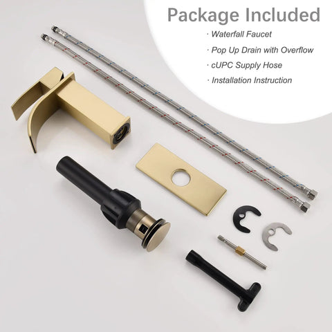 Waterfall Bathroom Faucet In Brushed Gold With Pop Up Drain And Deck Plate For 3 Hole Install, hoses and fittings on white background