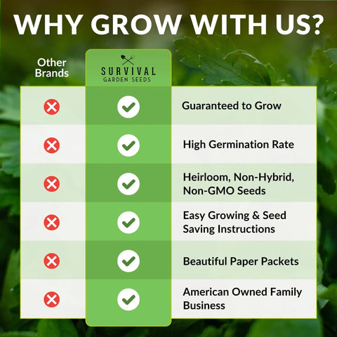 Comparison chart highlighting advantages of Survival Garden Seeds over other brands, with checkmarks for benefits like high germination rate.