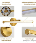 Gold Vanity Light Bar Over Mirror, 22 Inch LED Dimmable Fixture with gold aluminum frame and acrylic lampshade, adjustable angle.
