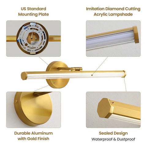 Gold Vanity Light Bar Over Mirror, 22 Inch LED Dimmable Fixture with gold aluminum frame and acrylic lampshade, adjustable angle.