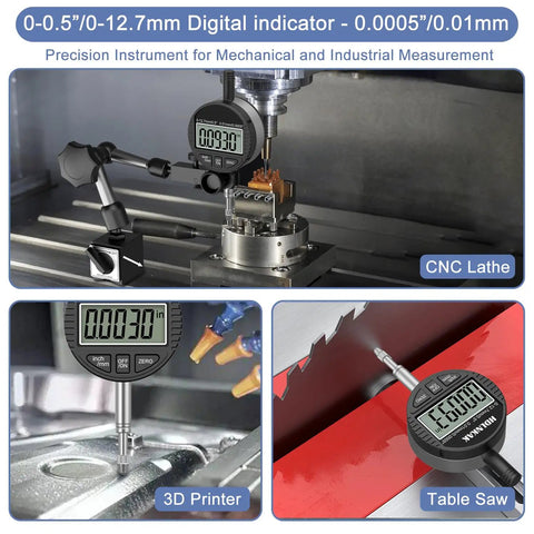 Electronic Digital Dial Indicator Gauge Pro Grade With Inch And Metric Measurement showing measurements on CNC lathe, 3D printer, and table saw