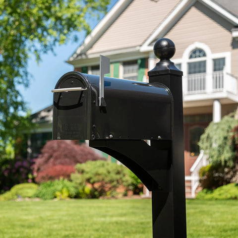 Franklin Post Mount Mailbox Weatherproof Galvanized Steel Black With Silver Accents Medium Curbside Mailbox in front of house