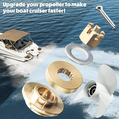 Marine Propeller Installation Hardware Kit For Yamaha Sixty To Eighty Five HP Outboard Motors With No Fuss Thrust Washer Spacer Washer Nut And Cotter Pin Included Four And Three Quarter Inch Gearcase Fifteen Spline Props Upgrade