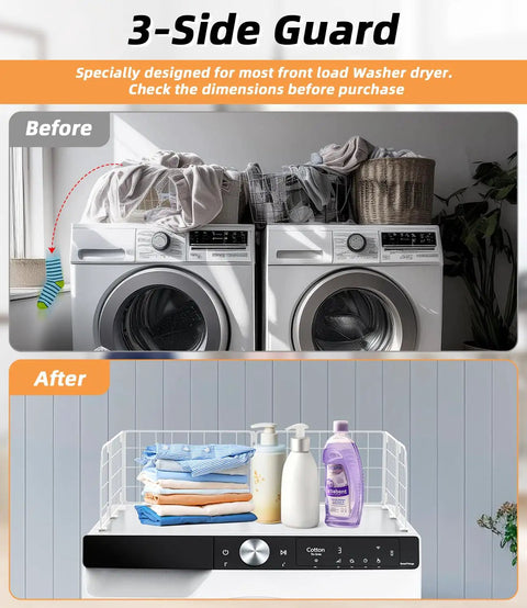 Magnetic Laundry Guard 24 Inch Countertop Shield for Washer and Dryer, Heavy Duty Powder Coat Steel, White, Installed View
