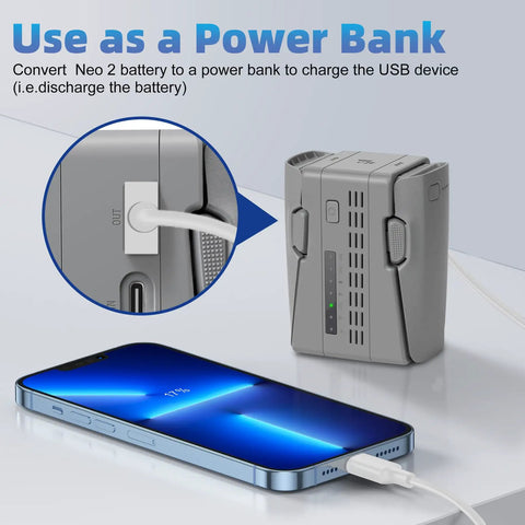 Two Way 45W PD Charging Hub for Neo 2, used as power bank with smartphone connected, showing charging indicators