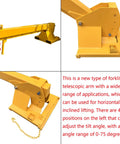 Heavy Duty Forklift Telescopic Jib Boom Attachment With Adjustable Mobile Crane Hoist Rock Solid Steel Truss Design Built Tough To Handle The Heavy Stuff And Tow Up To 6614 Lbs, showing adjustable angle mechanism.