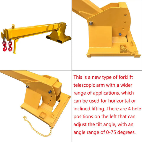 Heavy Duty Forklift Telescopic Jib Boom Attachment With Adjustable Mobile Crane Hoist Rock Solid Steel Truss Design Built Tough To Handle The Heavy Stuff And Tow Up To 6614 Lbs, showing adjustable angle mechanism.