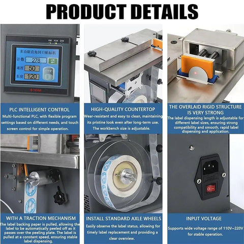 High Speed Semi Automatic Right Angle Corner Labeling Machine, Digital Plc Touch Screen, shows control panel and dispensing mechanism.