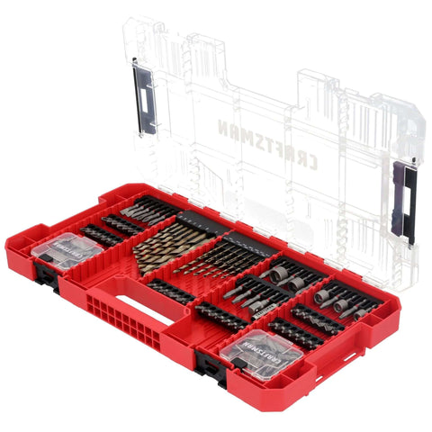 Craftsman 140-pc impact driver bit set in red plastic case with clear lid; steel, black oxide bits