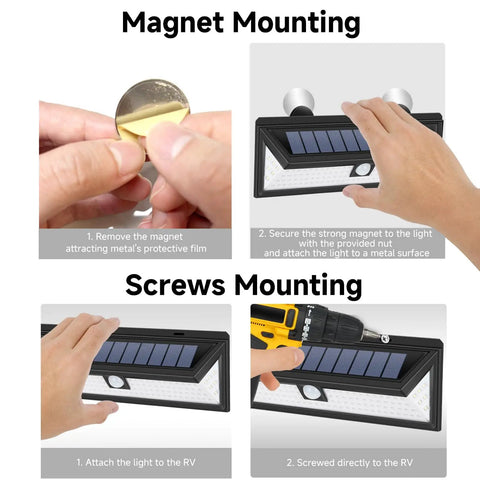 Installation steps for Magnetic Solar RV Light With Motion Sensor, showing magnet and screw mounting options on metal surface.