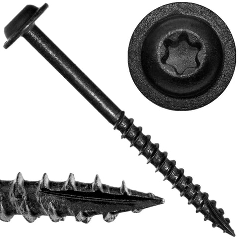 Heavy Duty Wood Screw Set Two And A Half Inch Round Washer Head Truss Style Torx Drive For Cabinets Furniture Siding And Trim All Purpose General Construction Black Exterior Coated For ACQ Lumber 72 Screws Per Pound, close-up of screw threads and Torx head
