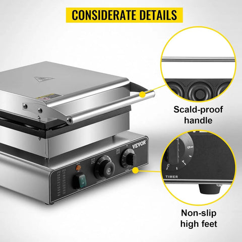 Shop Grade Electric Donut Maker With Nonstick Pan And Double Sided Heating, Easy Touch Controls For Crisp Results, Heavy Duty Stainless Build, Reliable Nine Hole Fritter Press For Cafes And Busy Kitchens, featuring scald-proof handle and non-slip feet.