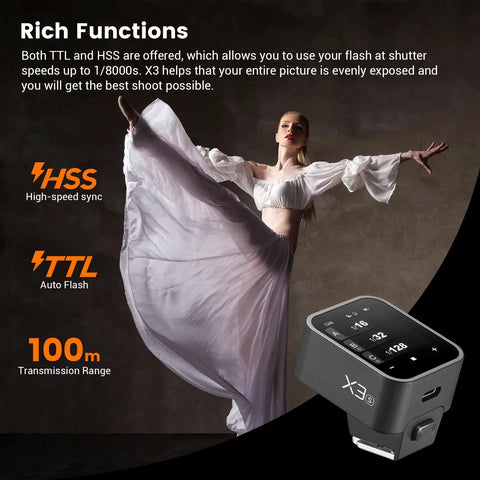 Ballet dancer with X3S Wireless Flash Trigger For Sony Cameras With 2.4G X System, TTL Auto Manual Multi Flash, High Def OLED Screen.