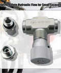 Drop In Hydraulic Speed Control Valve For Mini Excavators And Small Hydraulic Systems Sealed Internal Structure Direct Replacement With Three Eighths Inch L08 Metric Thread And M14 Fittings showing external view with fittings