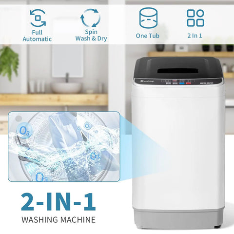 Fully Automatic Portable Washing Machine With Built In Drain Pump And Hands Free Spin Cycle Top Shelf Laundry Solution For Dorms Rv And Small Apartments showing water in drum.