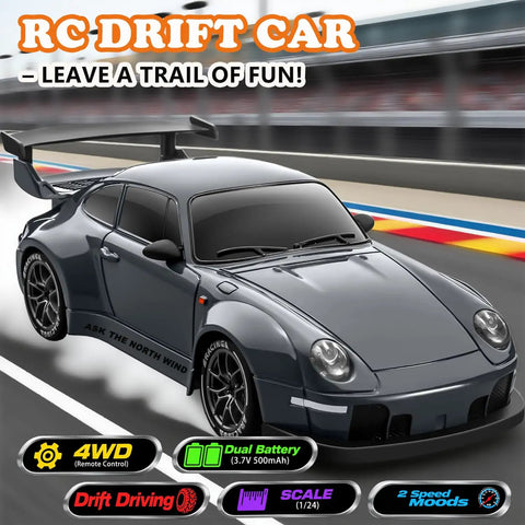 1:24 Scale RC Drift Car With 4WD And LED Lights Realistic Night Drifts on racetrack background, visible spoiler and details