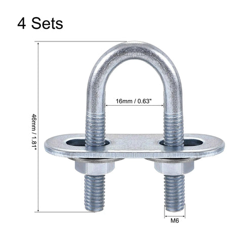 Heavy Duty Round U-Bolts Set Of 4 With Nuts, Plates And Washers, 0.63 Inch Inner Width, 46mm Length, M6 Thread, Steel U-Bolt Hardware