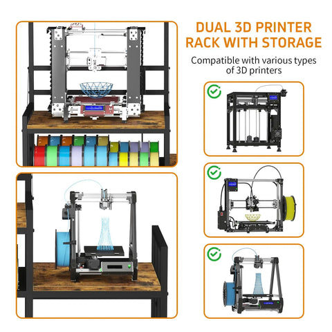 Heavy Duty 3D Printer Desk With Knockout Filament Storage Rack And Plug And Play Power Outlet, Dual Print Station For Abs Pla Tpu Spools, Boss Level Organization For Streamlined Workflows, Sturdy Wood Cabinet Setup In Classic Retro Brown