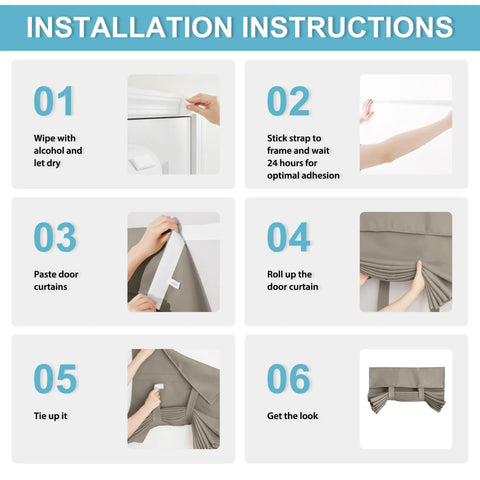 Privacy French Door Curtain Panel For Patio And Front Doors No Drill Easy Install Room Darkening Tie Up Shade With Strong Adhesive Straps W26 By L69 Inches Sand Color installation steps showing adhesive straps and curtain setup.