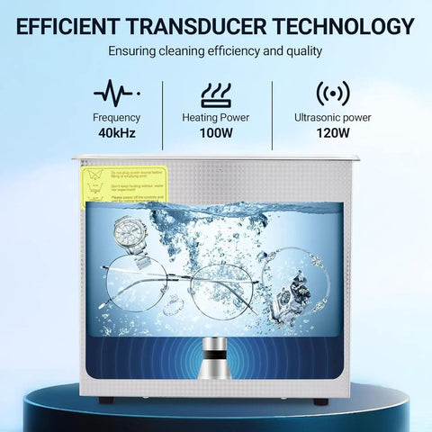 Digital Ultrasonic Cleaner 3.2L Tank With Heater And Timer For Jewelry Glasses Watches Dentures And Small Parts 40kHz Stainless Steel Cleaning Machine with glasses and watch in cleaning tank.