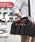 Man carrying Pro Grade 16 Inch Tool Bag Organizer With 17 Pockets And Adjustable Shoulder Strap For Men And DIYers Portable Toolbox