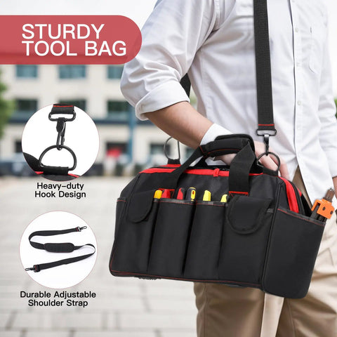 Man carrying Pro Grade 16 Inch Tool Bag Organizer With 17 Pockets And Adjustable Shoulder Strap For Men And DIYers Portable Toolbox