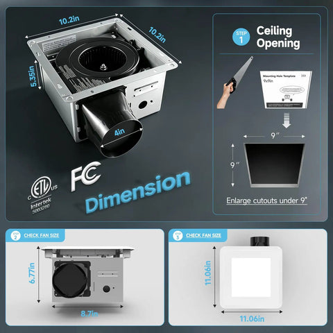 Butter Smooth 80 Cfm Bathroom Exhaust Fan With Bright Led Light And Five Dialable Warmth Levels dimensions illustration with measurements.